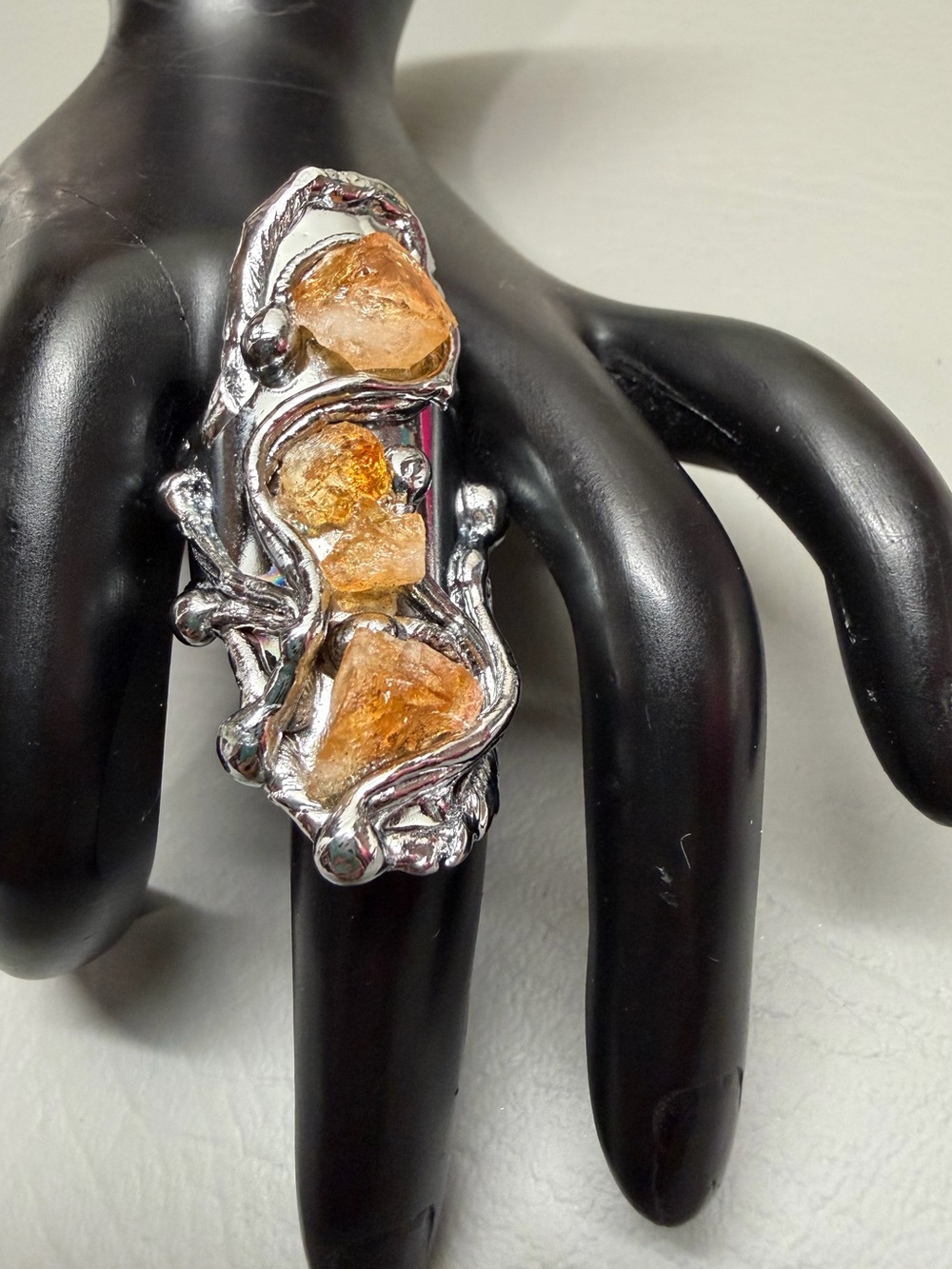 NILSON De ASSIS Brutalist Raw Honey Citrine Rhodium Plated Statement Ring NOS